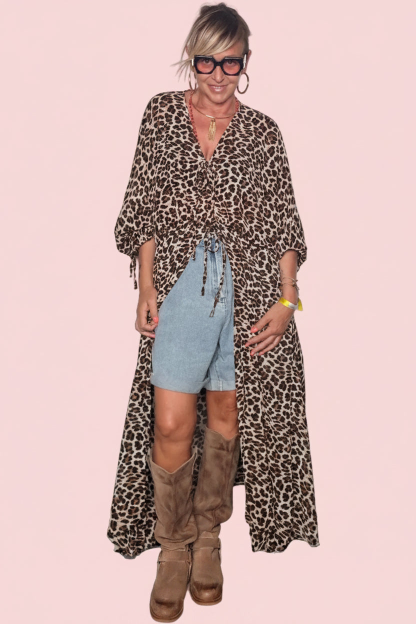 Chemisier Maxi Animalier Leopardato con Spacco Frontale