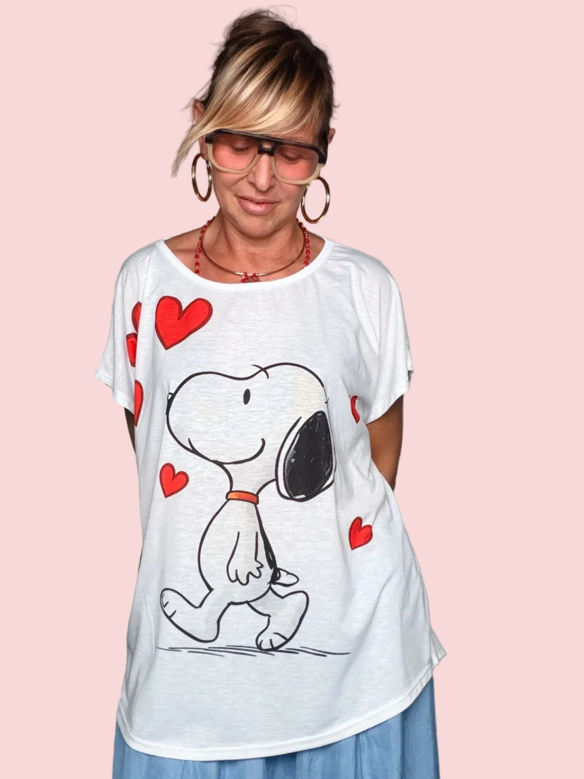 T-Shirt Oversize Stampa Cartoon con Cuori Rossi