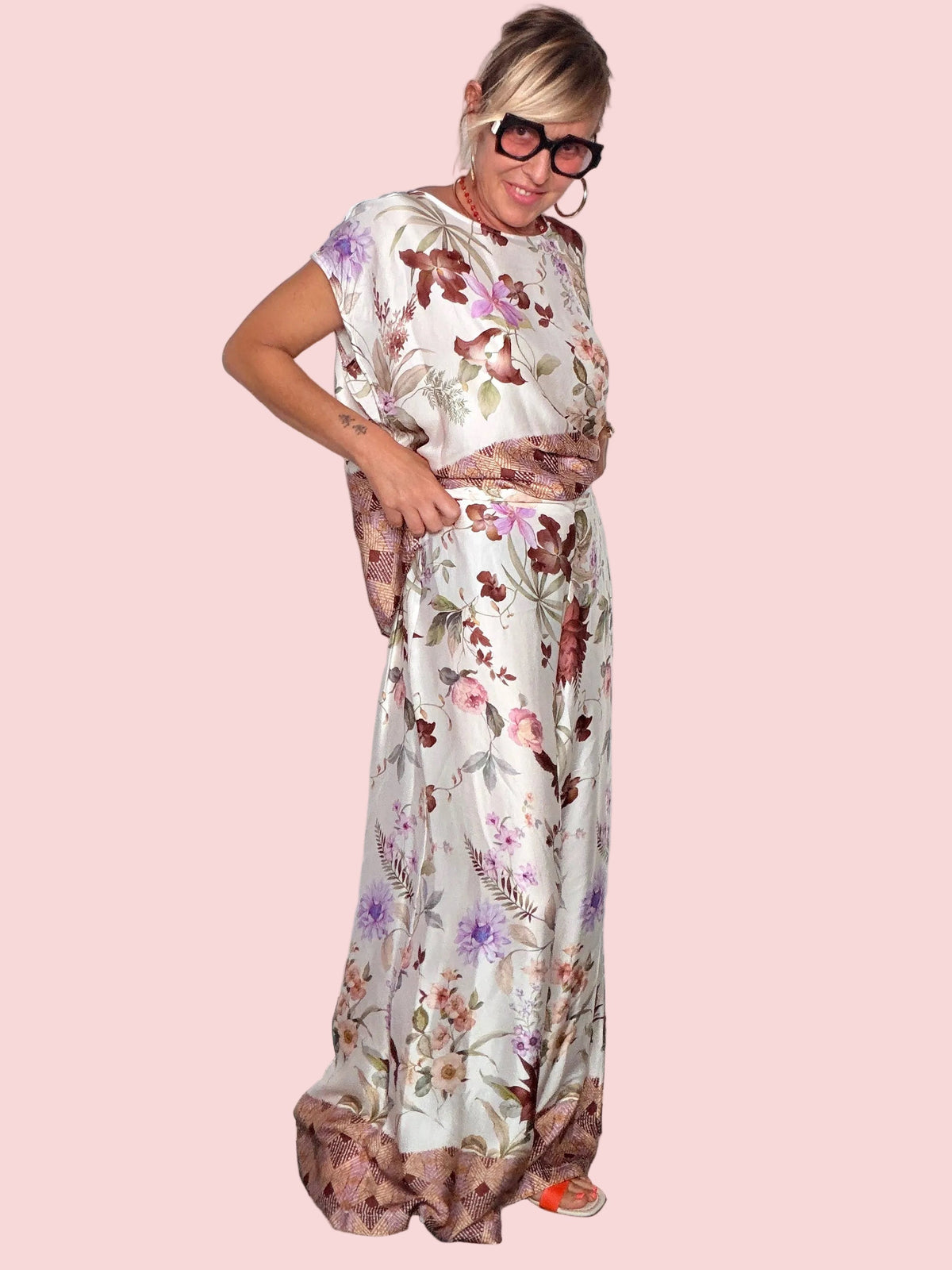 Pantalone Palazzo Floreale con Inserto a Rombi — Viscosa