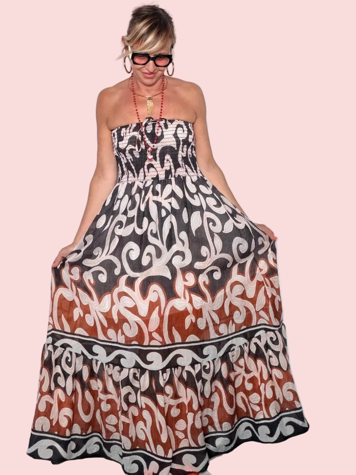 Abito Maxi a Fascia Smock — Stampa Arabesque Terracotta