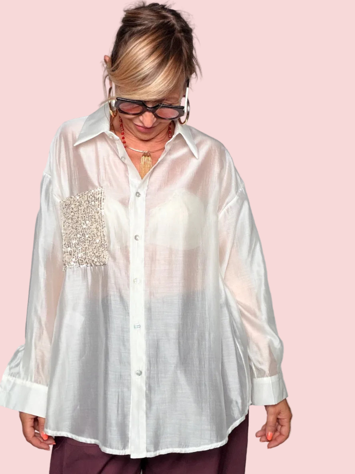 Camicia Oversize Semitrasparente con Tasca Glitter