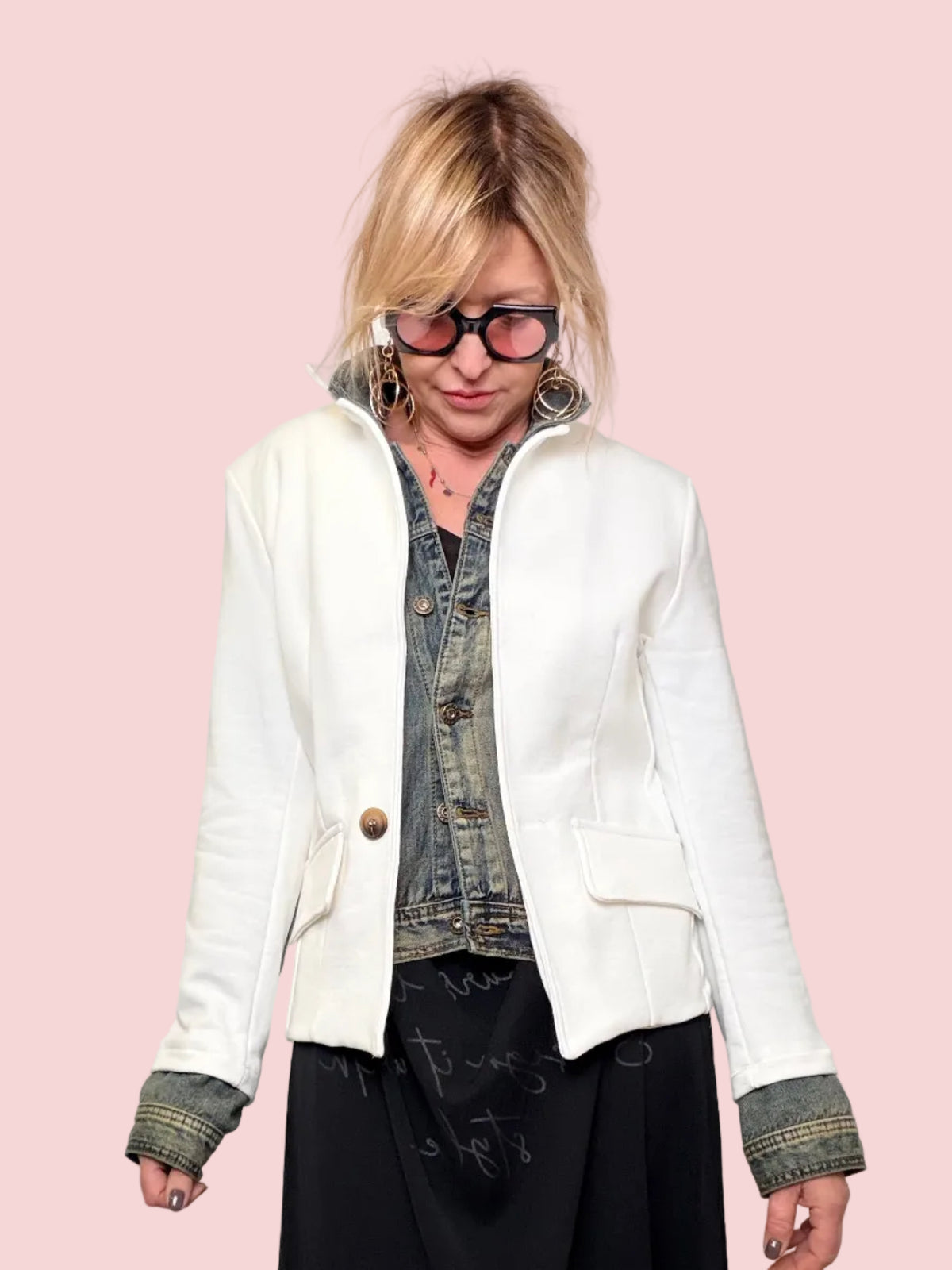 Giacca Blazer Bianca con Inserti Denim e Gilet Interno