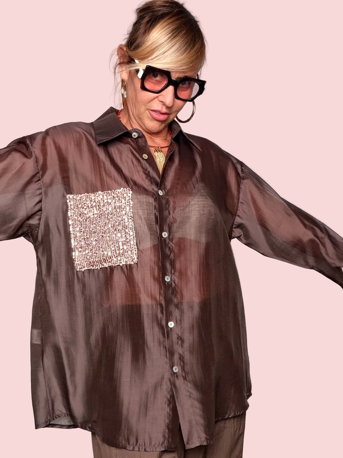 Camicia Oversize Semitrasparente con Tasca Glitter