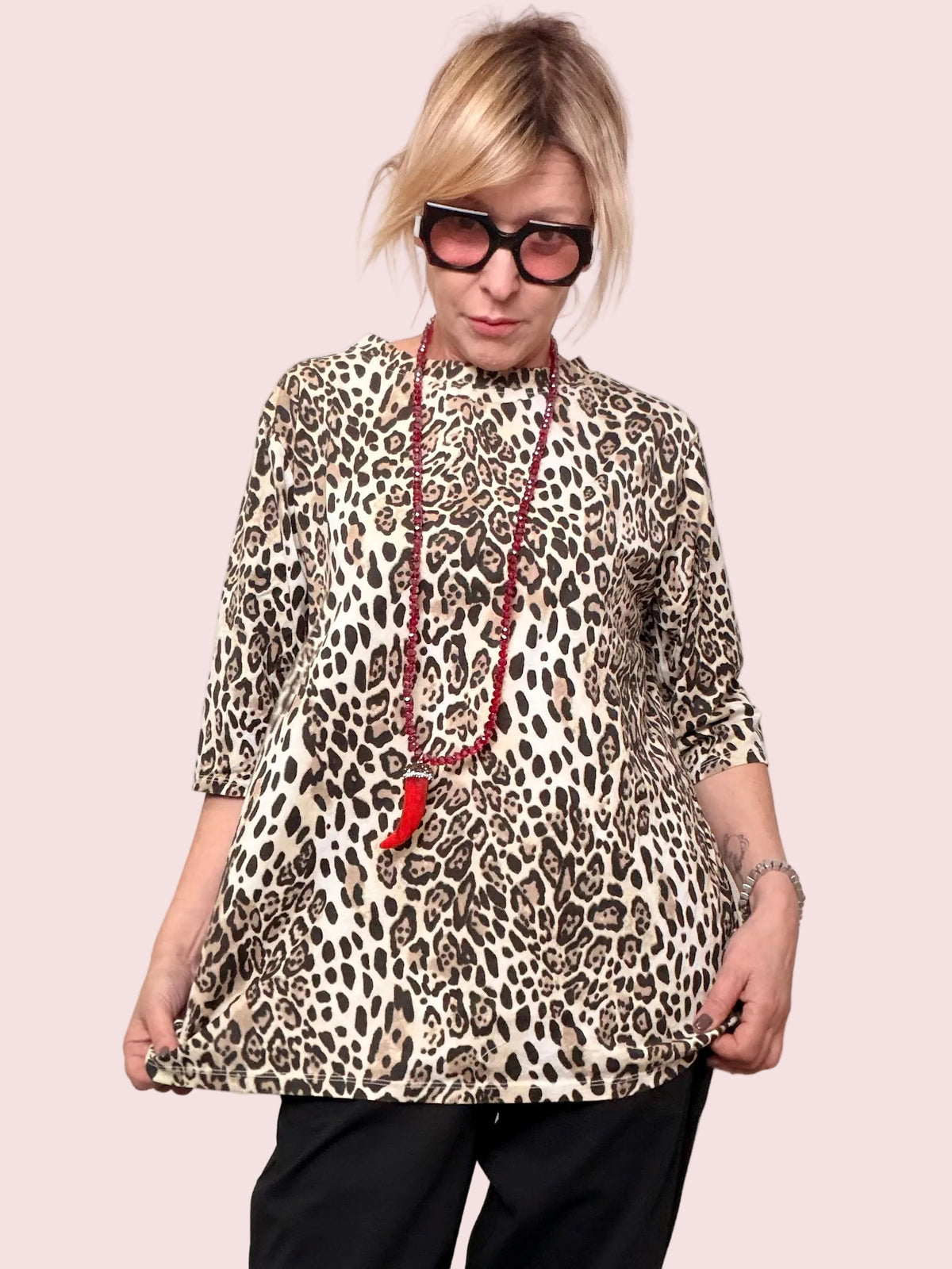 T- shirt Leopardata con Maniche 3/4