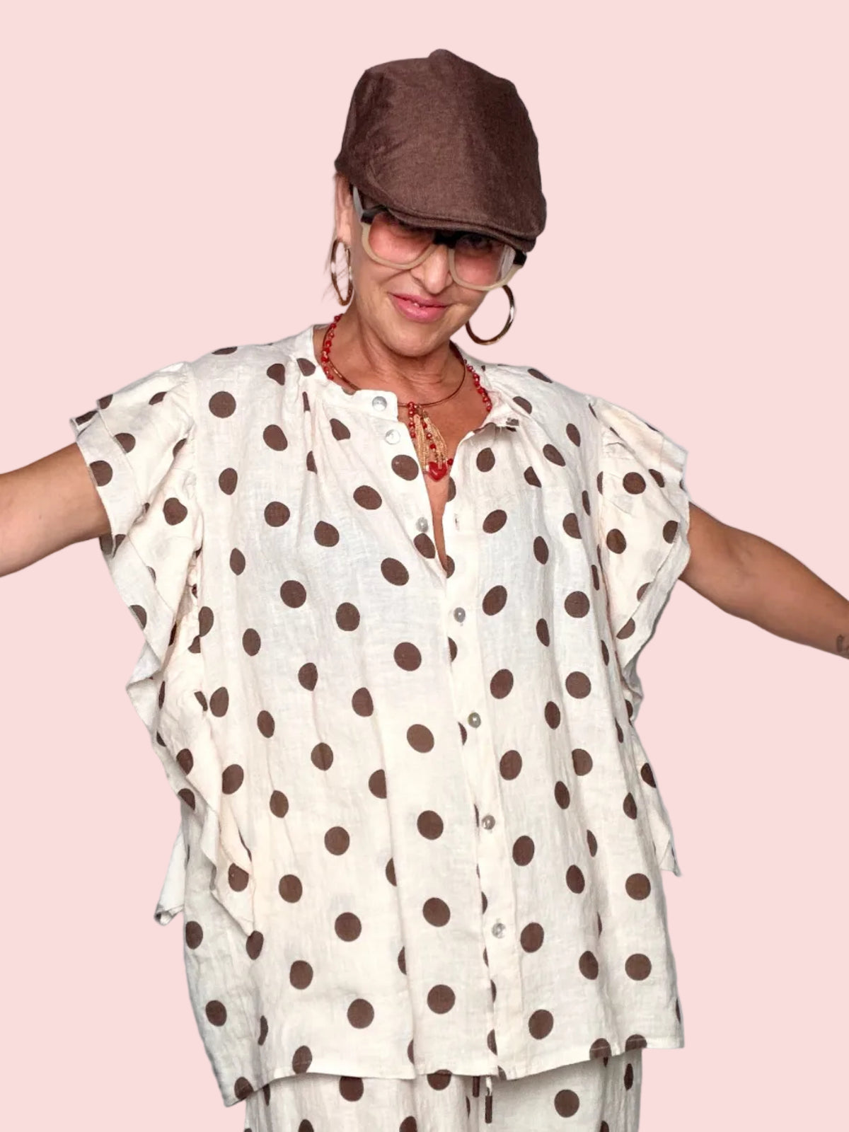Camicia Oversize a Pois con Maniche a Volant