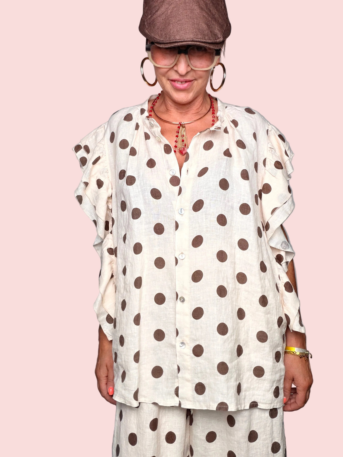 Camicia Oversize a Pois con Maniche a Volant
