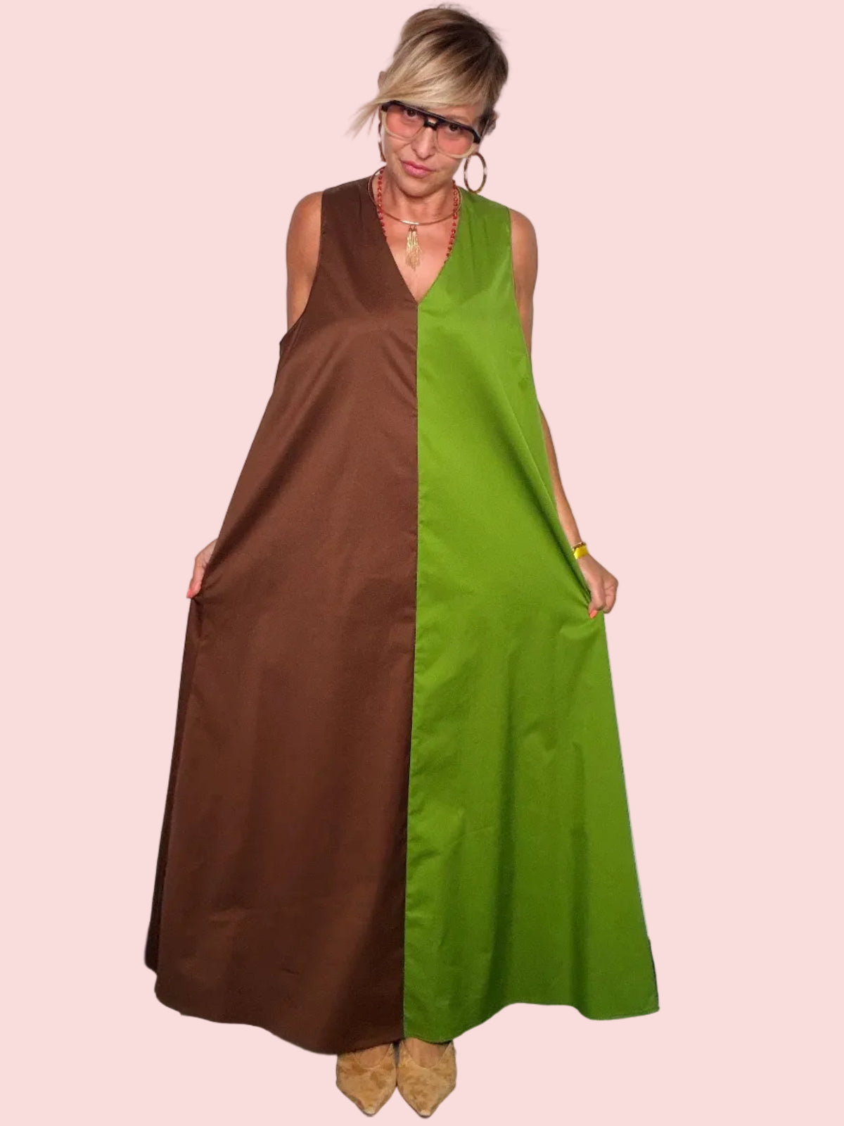 Abito Maxi Color Block Bicolore — Scollo V Profondo