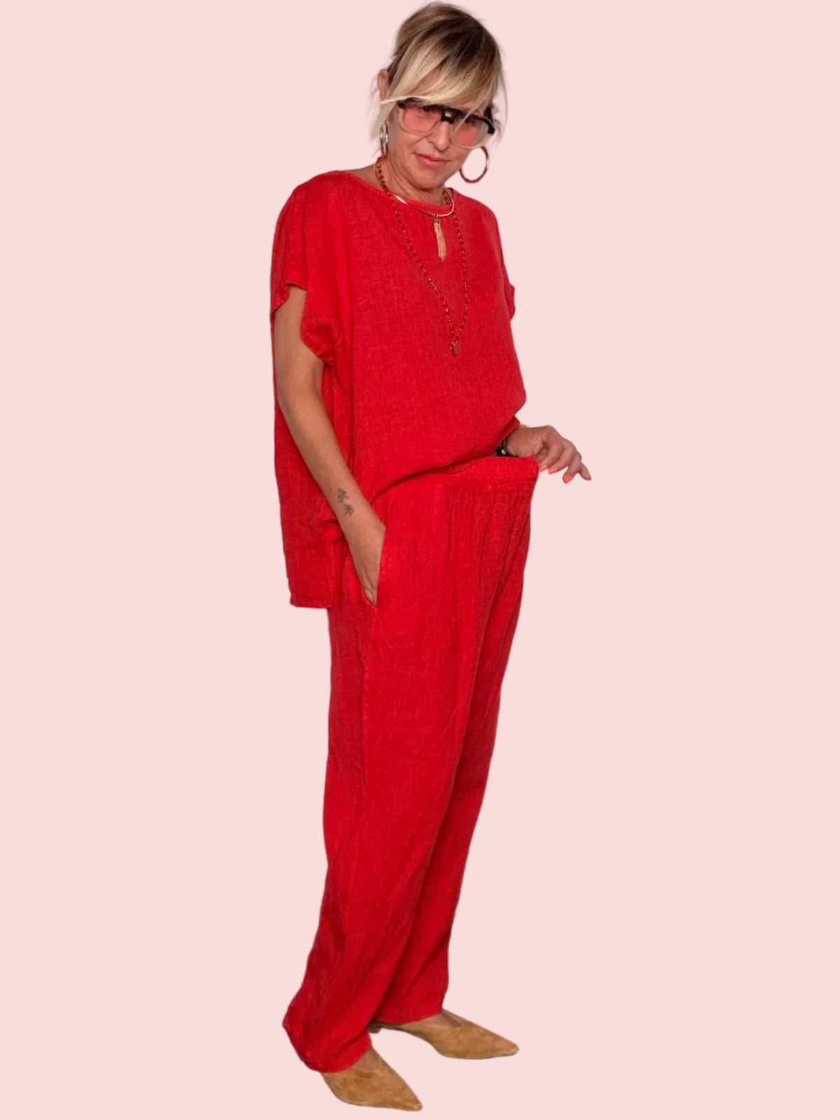 Pantalone in lino Rosso — Vita Elastica con Tasche