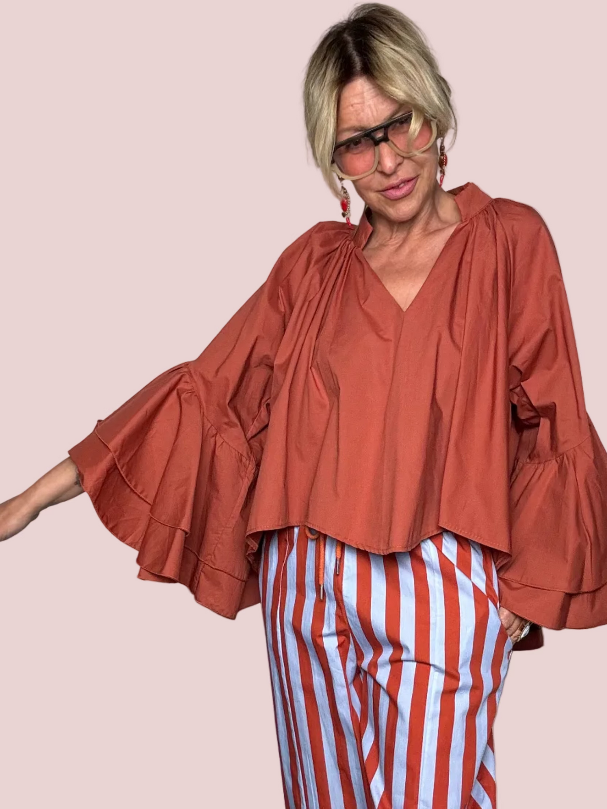 Camicia Oversize Terracotta con Volant in Cotone