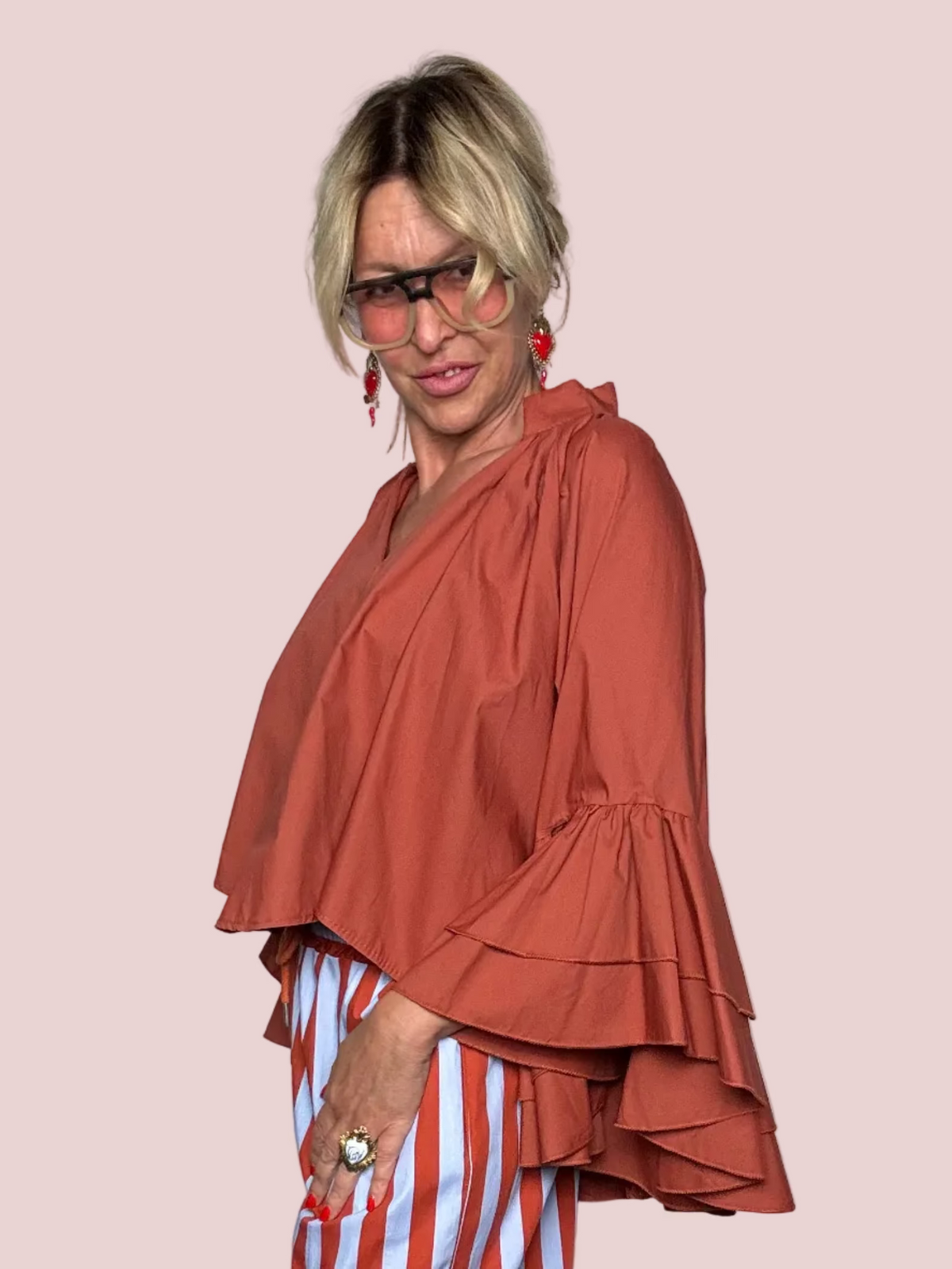 Camicia Oversize Terracotta con Volant in Cotone