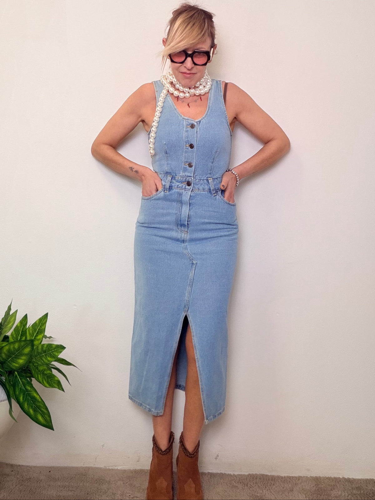 Abito salopette in denim azzurro 100% cotone