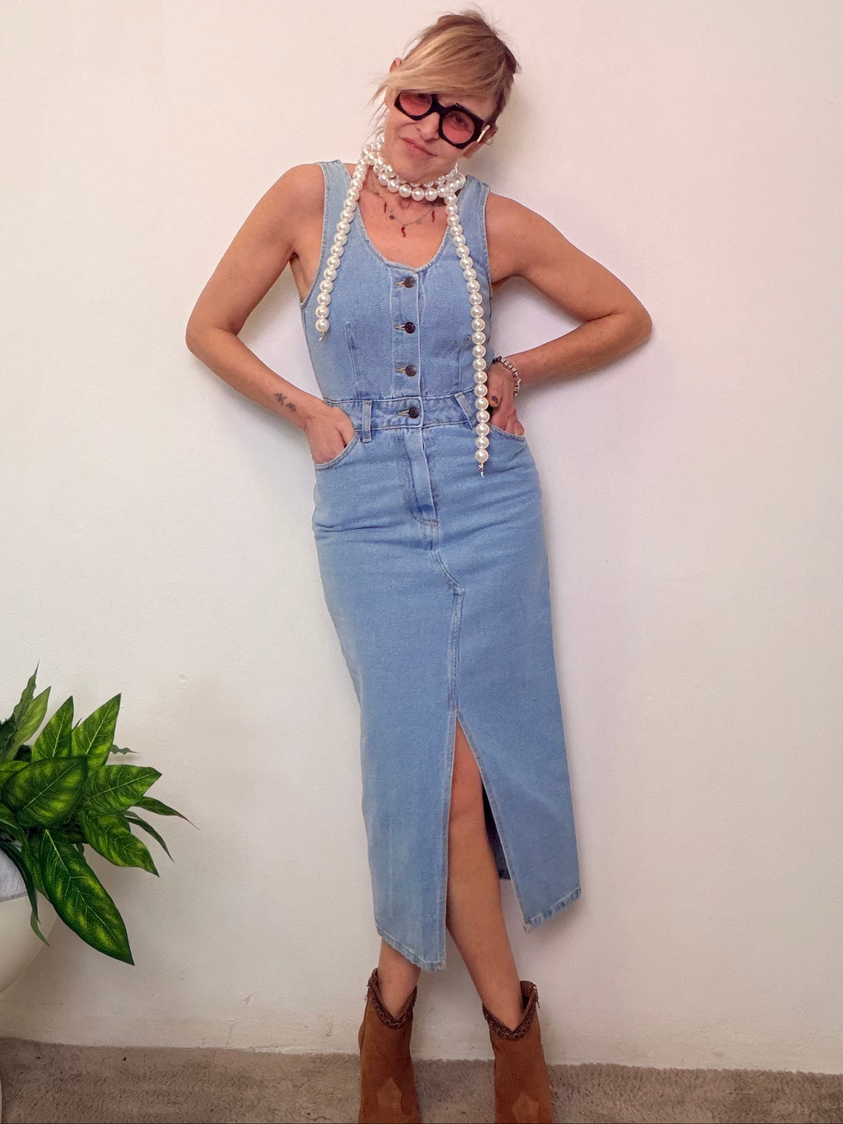 Abito salopette in denim azzurro 100% cotone