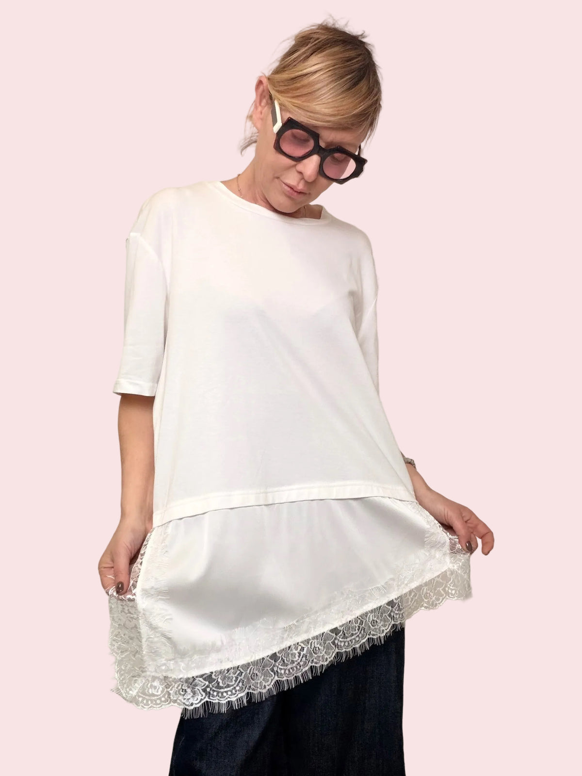 T-Shirt Doppio Strato con Pizzo