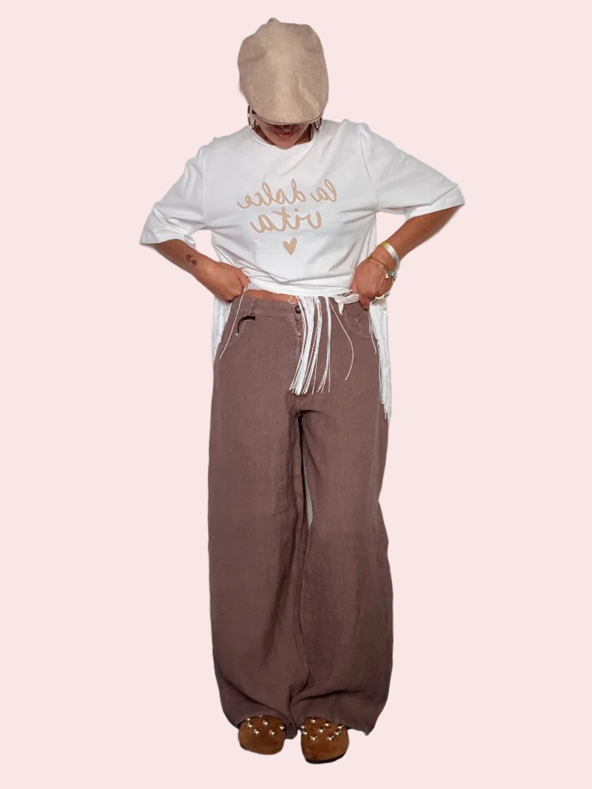 Pantalone Lino Palazzo — Mauve