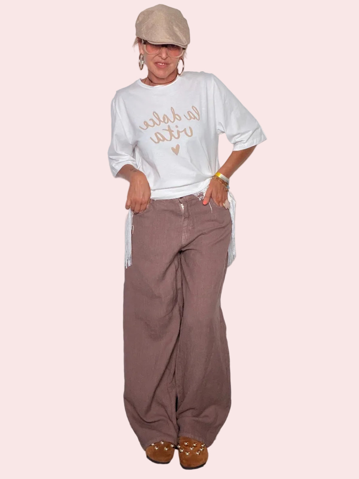 Pantalone Lino Palazzo — Mauve