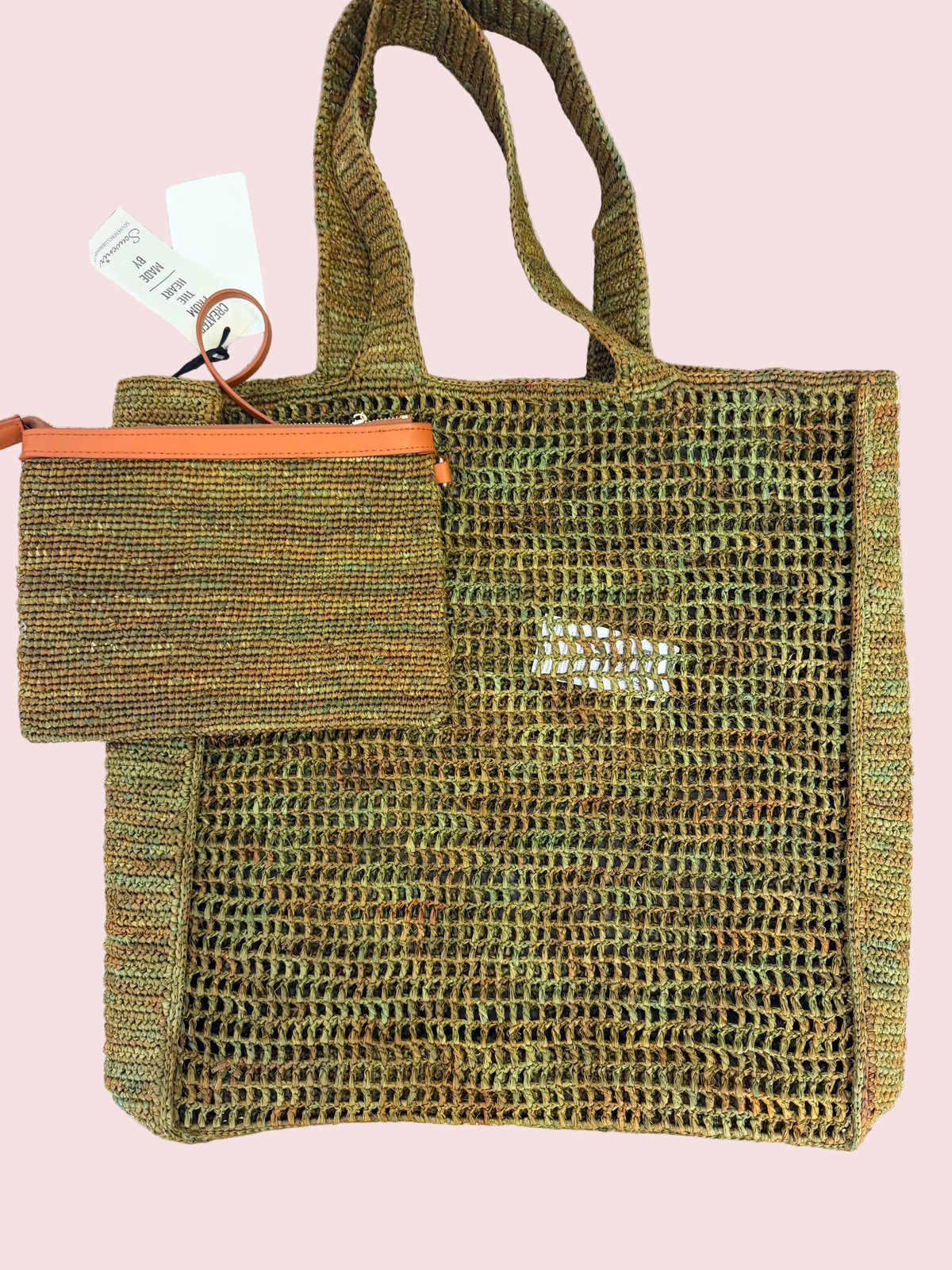 Borsa Rafia Verde Militare con Dettagli Pelle Arancione