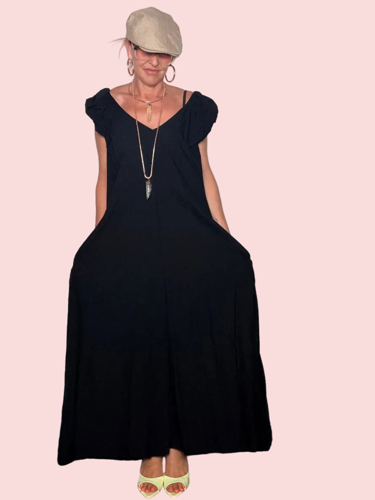 Abito Maxi Scollo V con Schiena Scoperta e Tasche