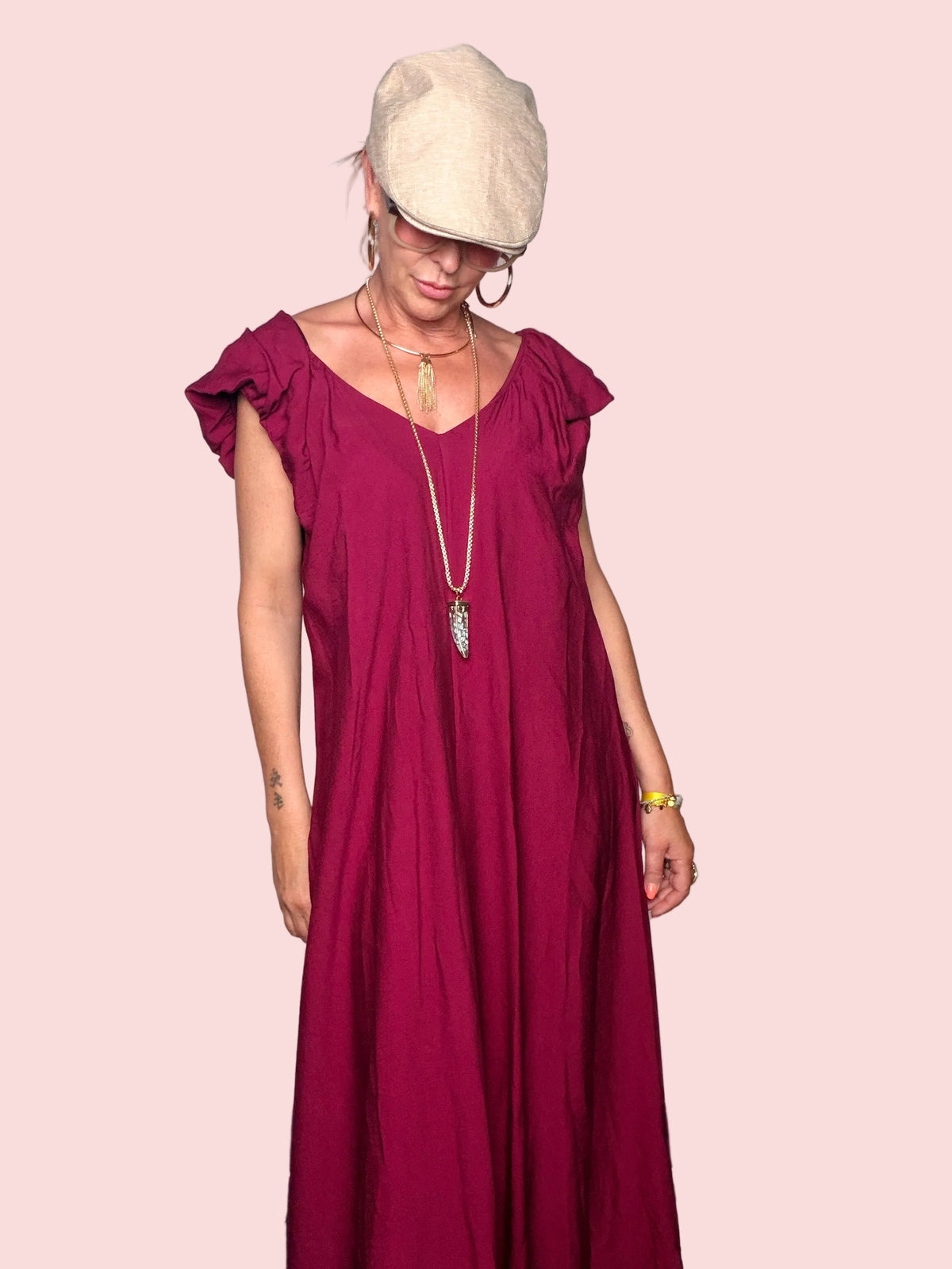 Abito Maxi Scollo V con Schiena Scoperta e Tasche