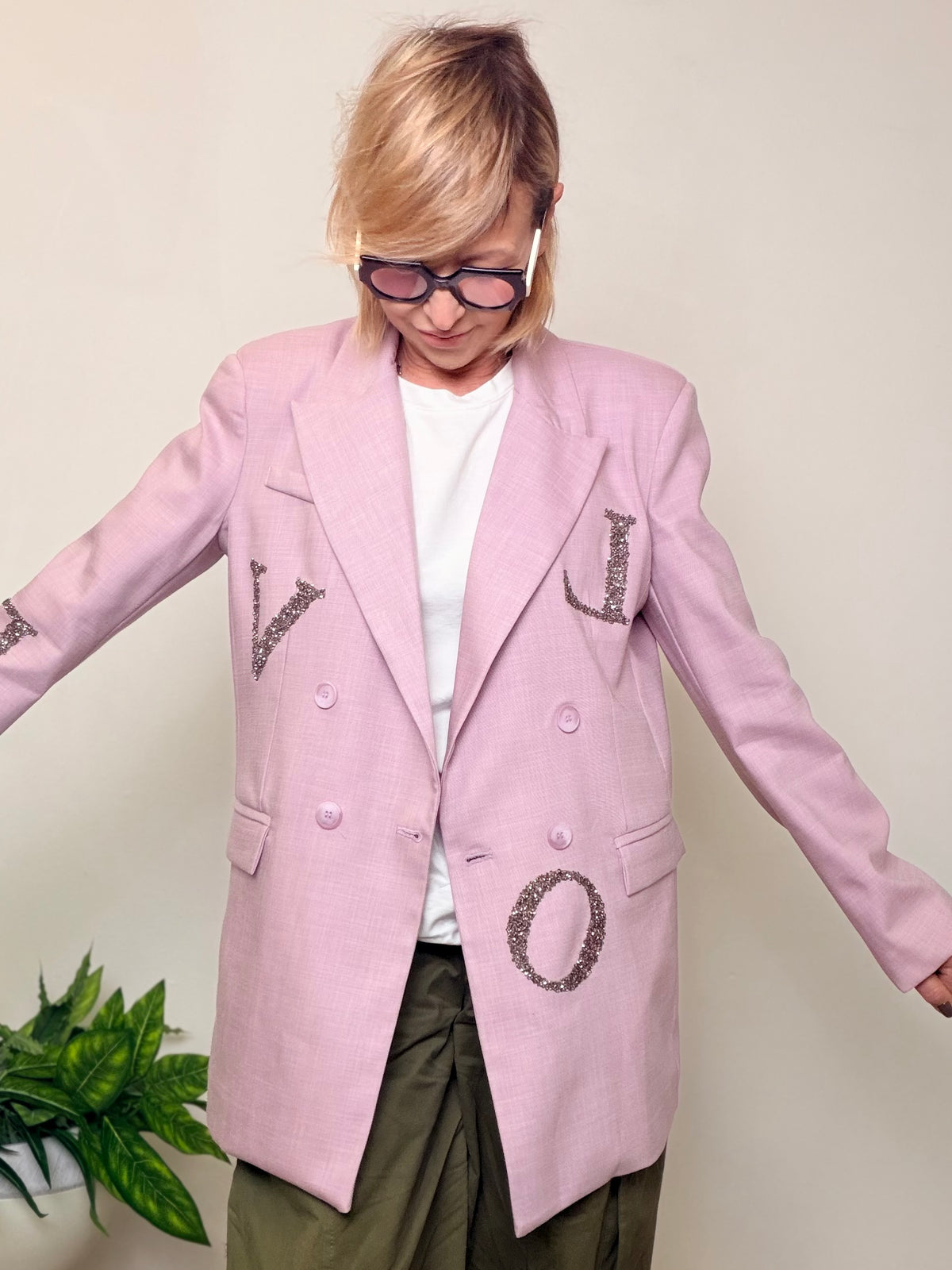 Giacca Rosa "LOVE" Glitter Doppiopetto Oversize