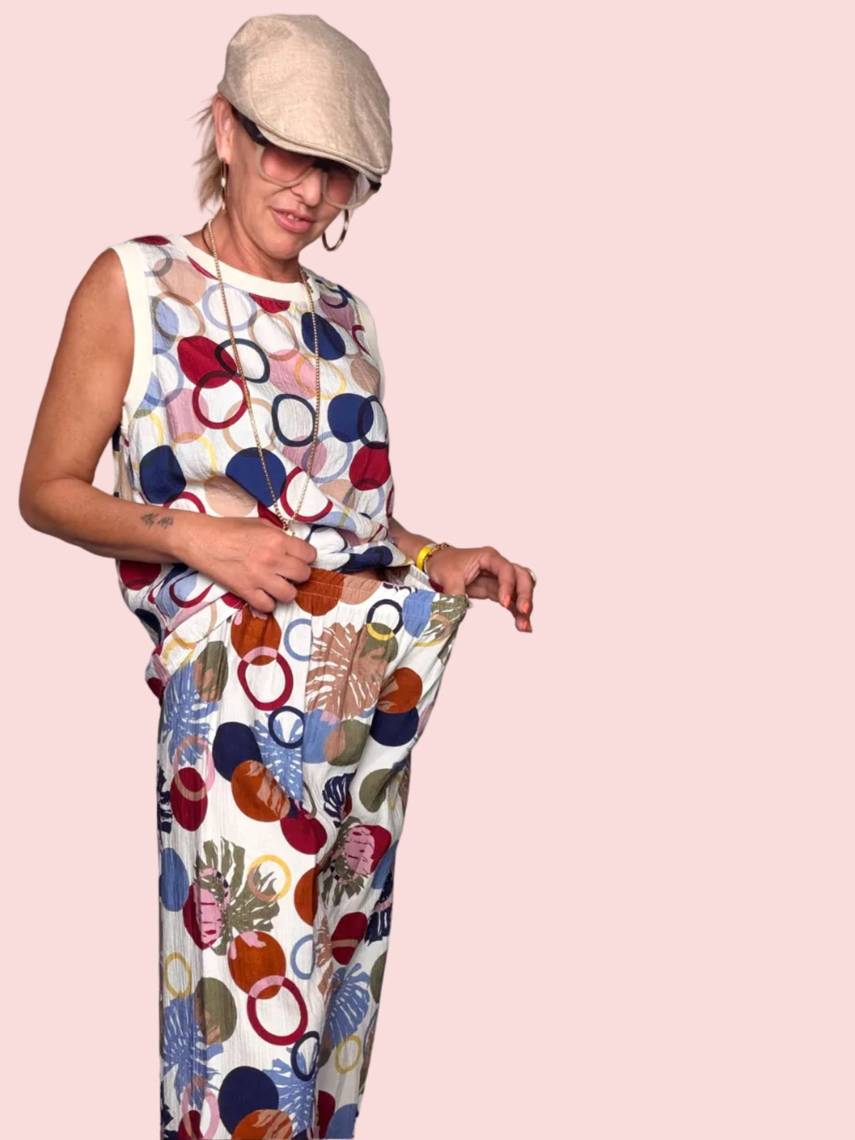 Pantalone Wide Leg Stampa Cerchi e Foglie Tropicali