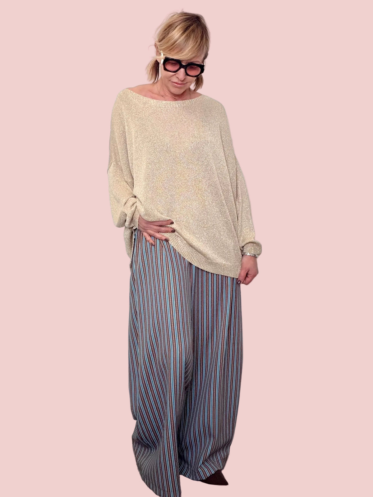 Pantaloni Over Righe Multicolor Verticali a Gamba Ampia