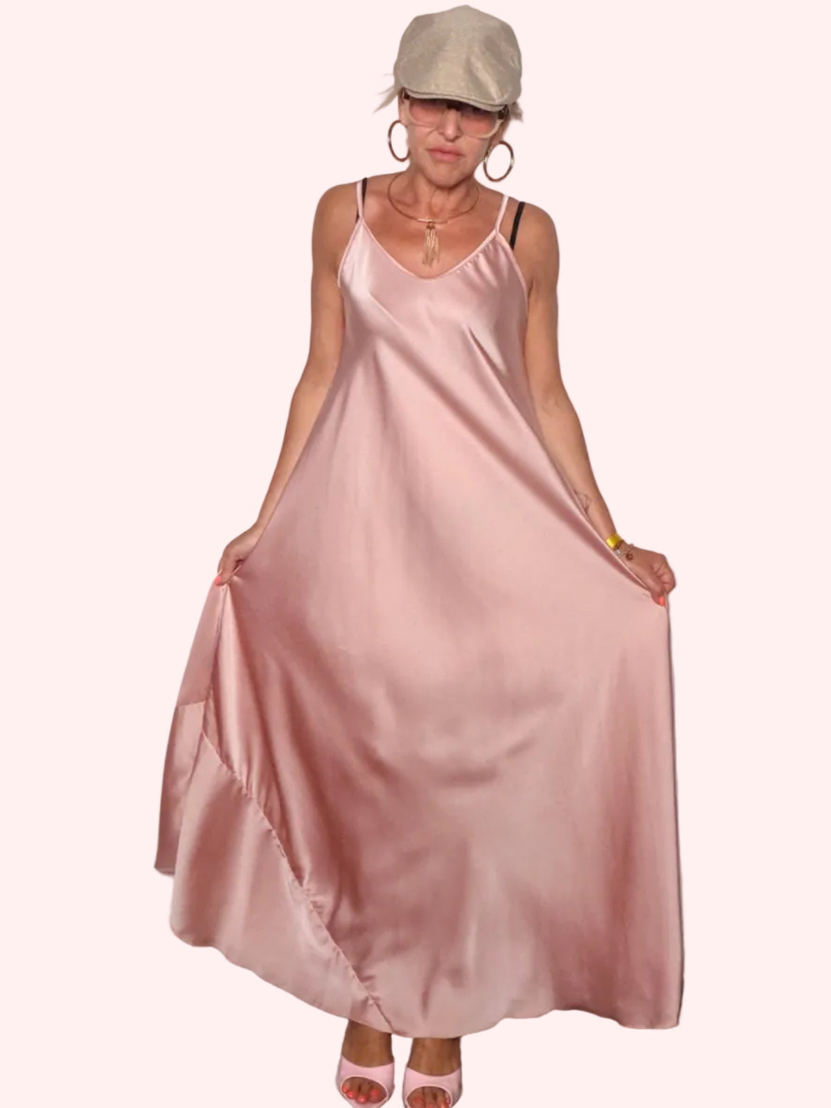 Slip Dress Maxi in Raso Rosa Antico con Scollo V