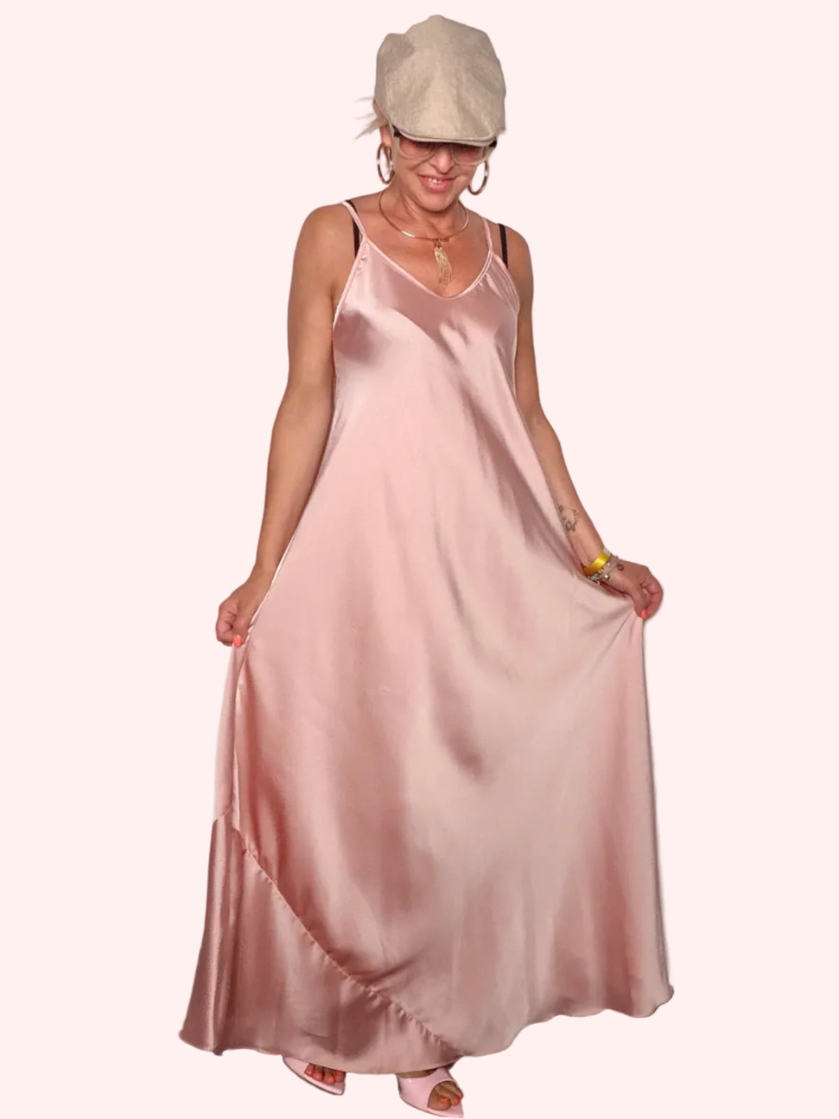 Slip Dress Maxi in Raso Rosa Antico con Scollo V