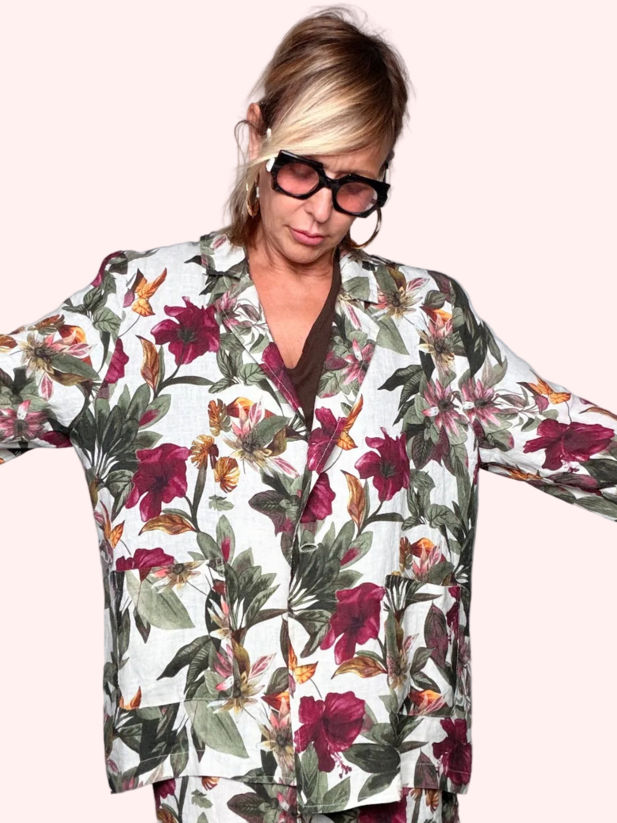 Blazer Oversize a Stampa Botanica con Fiori Tropicali Bordeau