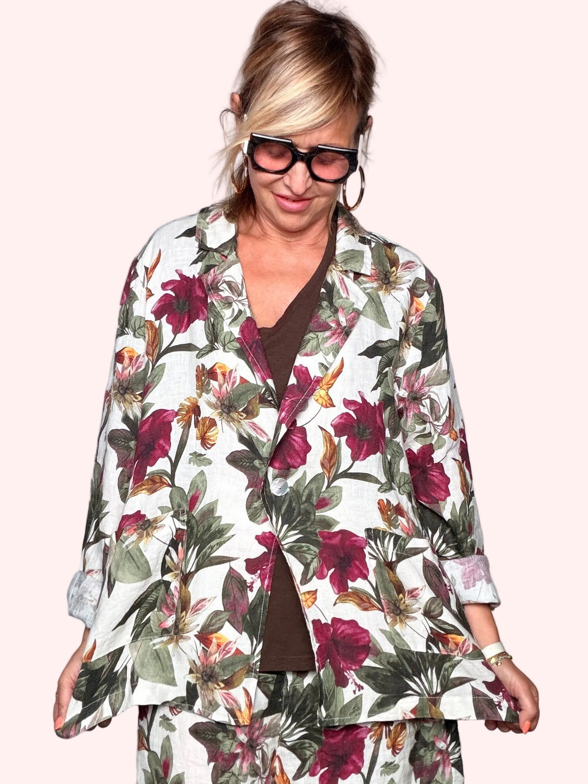 Blazer Oversize a Stampa Botanica con Fiori Tropicali Bordeau