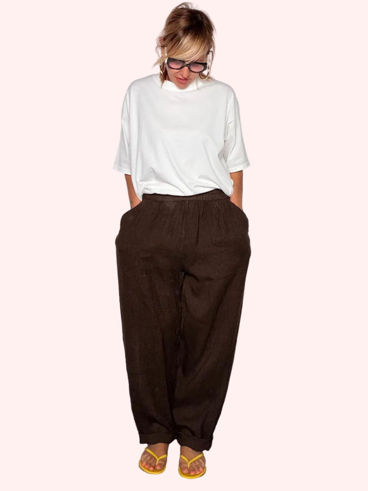Pantalone Balloon in Lino con Vita Arricciata e Tasche Laterali