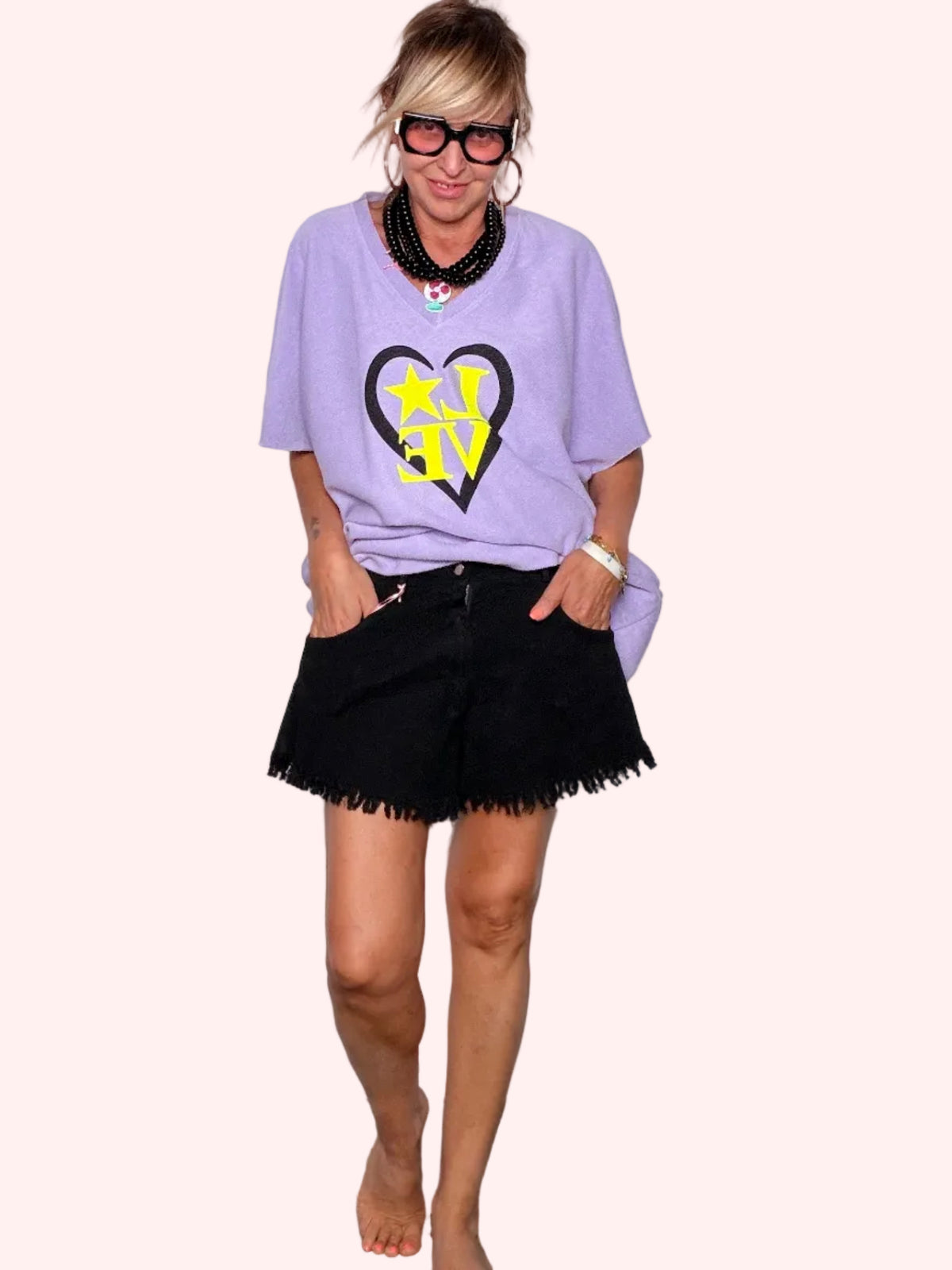 Shorts in Cotone Elasticizzato con Pois e Orlo a Frange