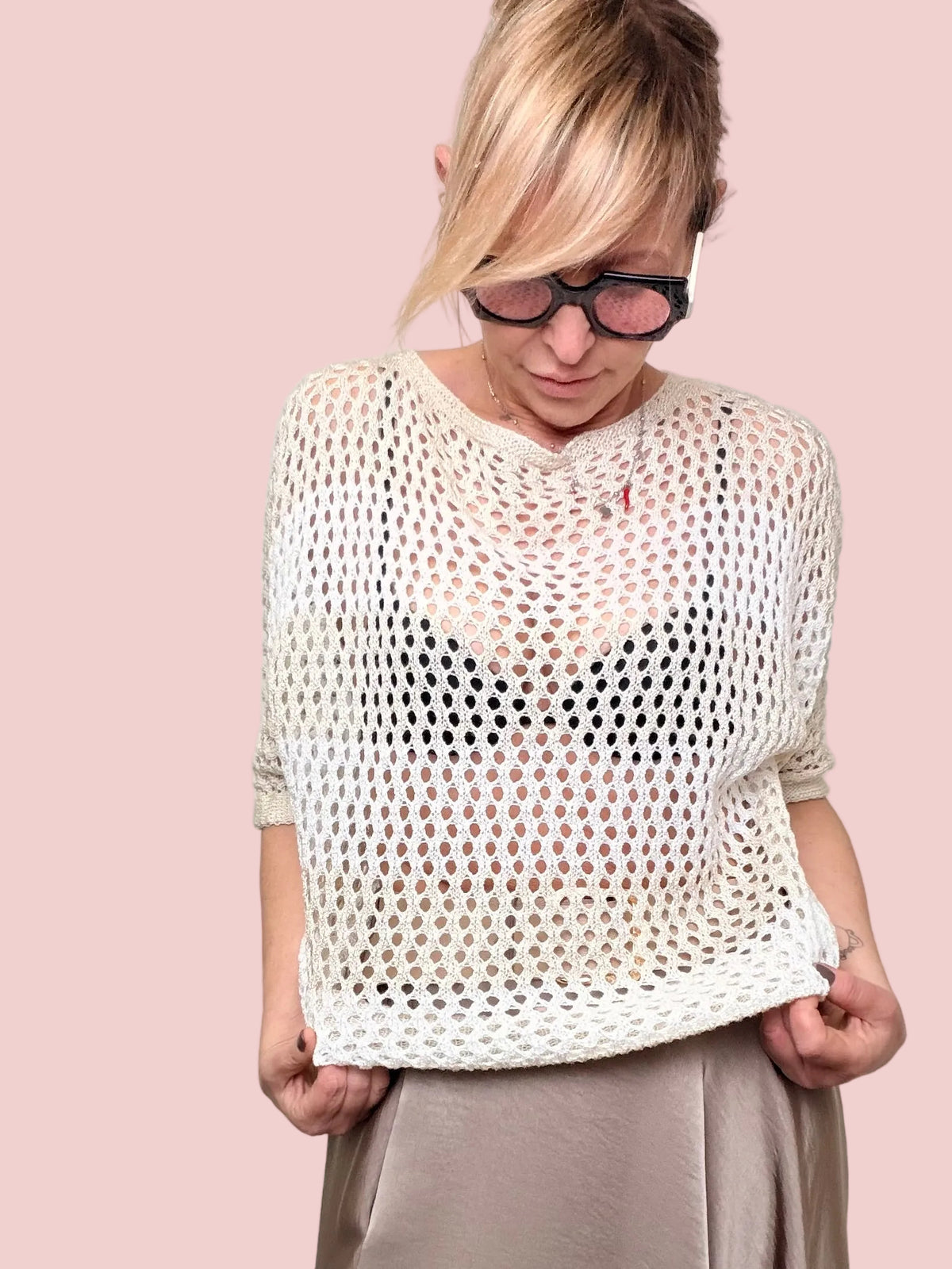 Maglia Traforata a Rete Panna