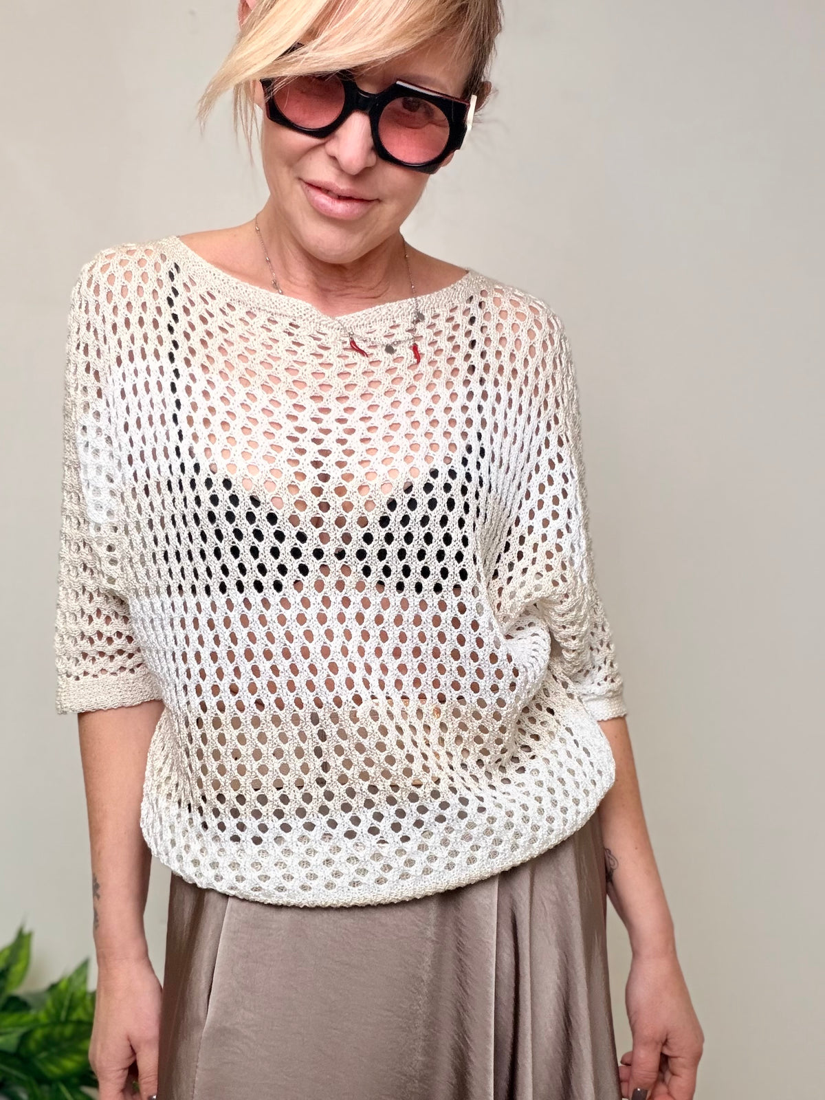 Maglia Traforata a Rete Panna