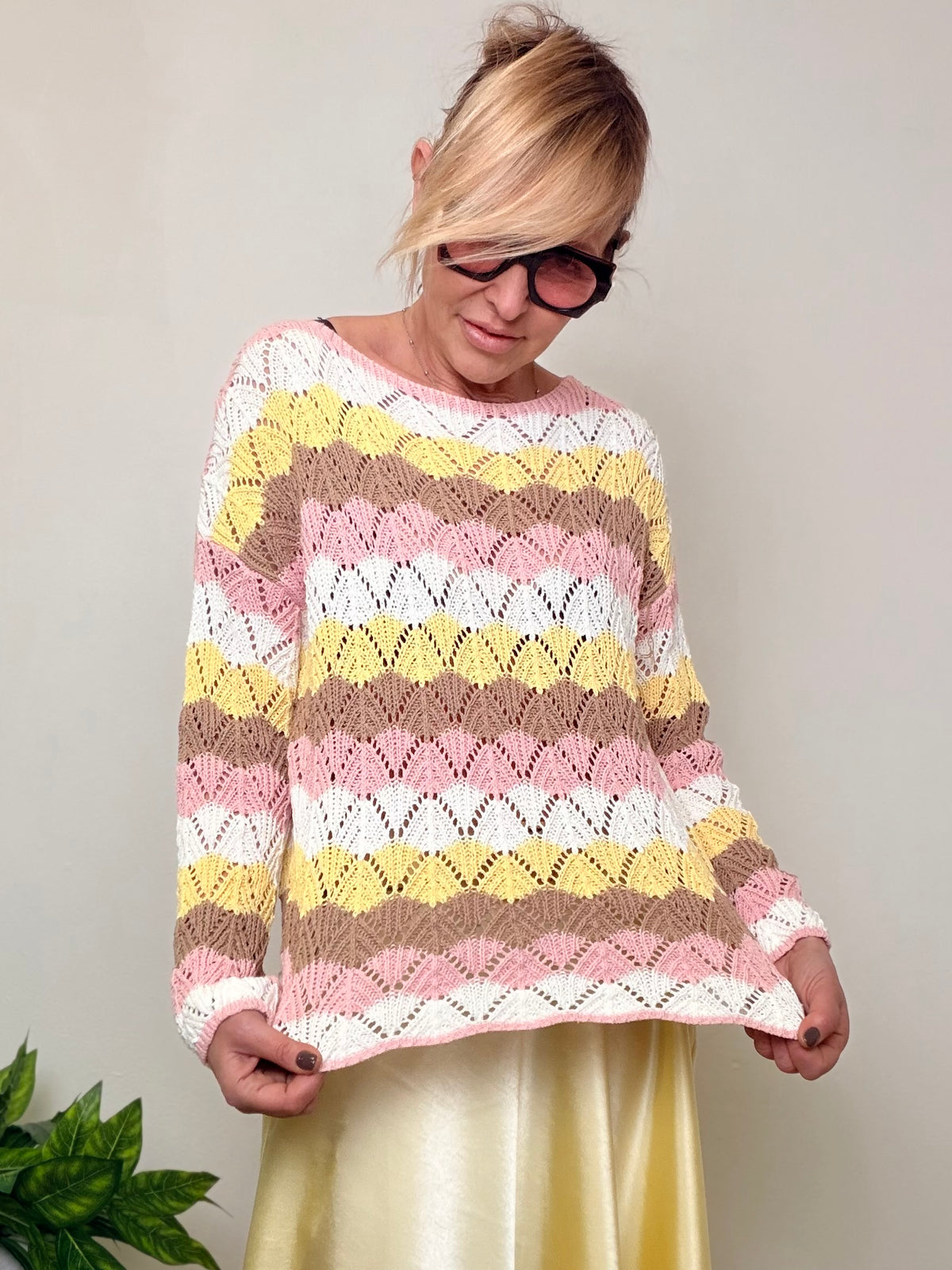 MAGLIA TRAFORATA A RIGHE MULTICOLORE