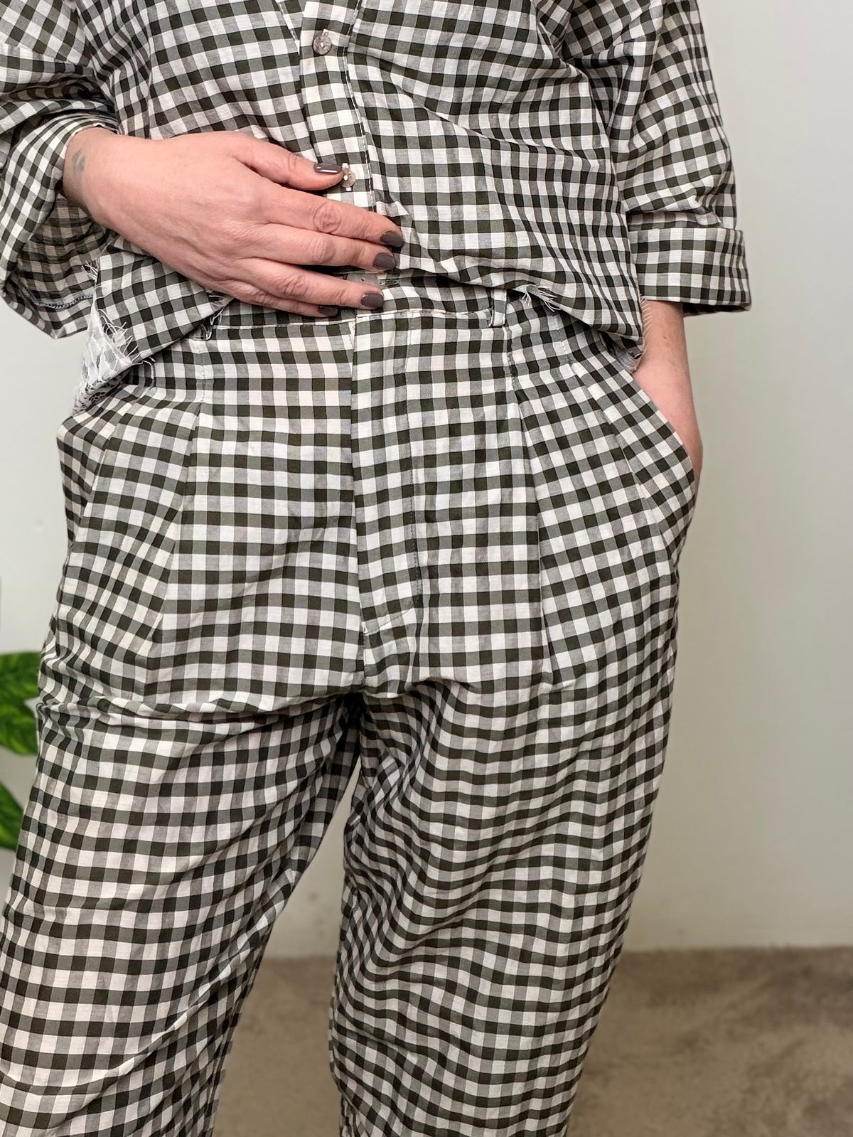 Pantalone quadretti vichy tasche pizzo macramè