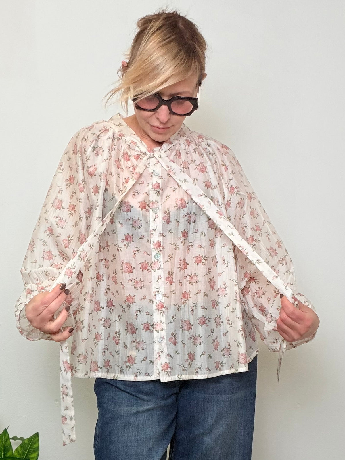 Camicia oversize Tencel stampa floreale fiocco