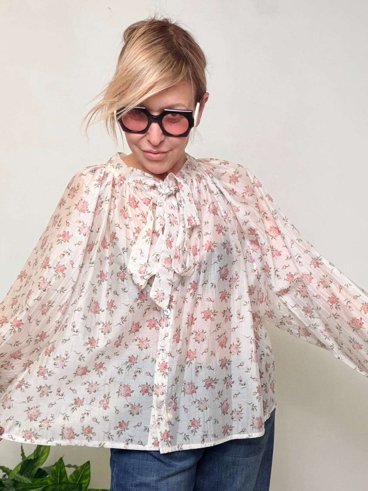 Camicia oversize Tencel stampa floreale fiocco