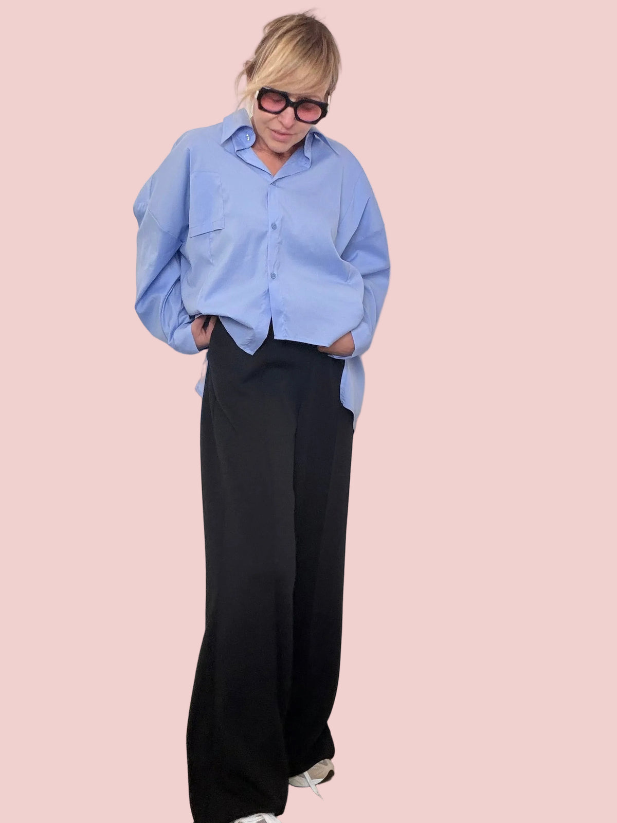 Pantalone palazzo nero vita alta tasche laterali