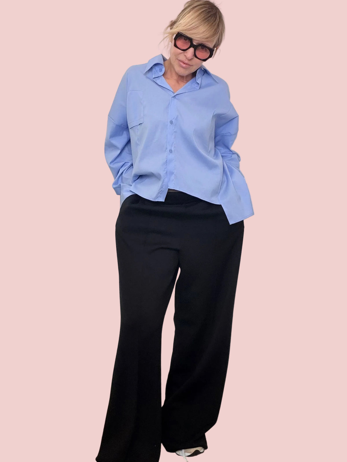 Pantalone palazzo nero vita alta tasche laterali