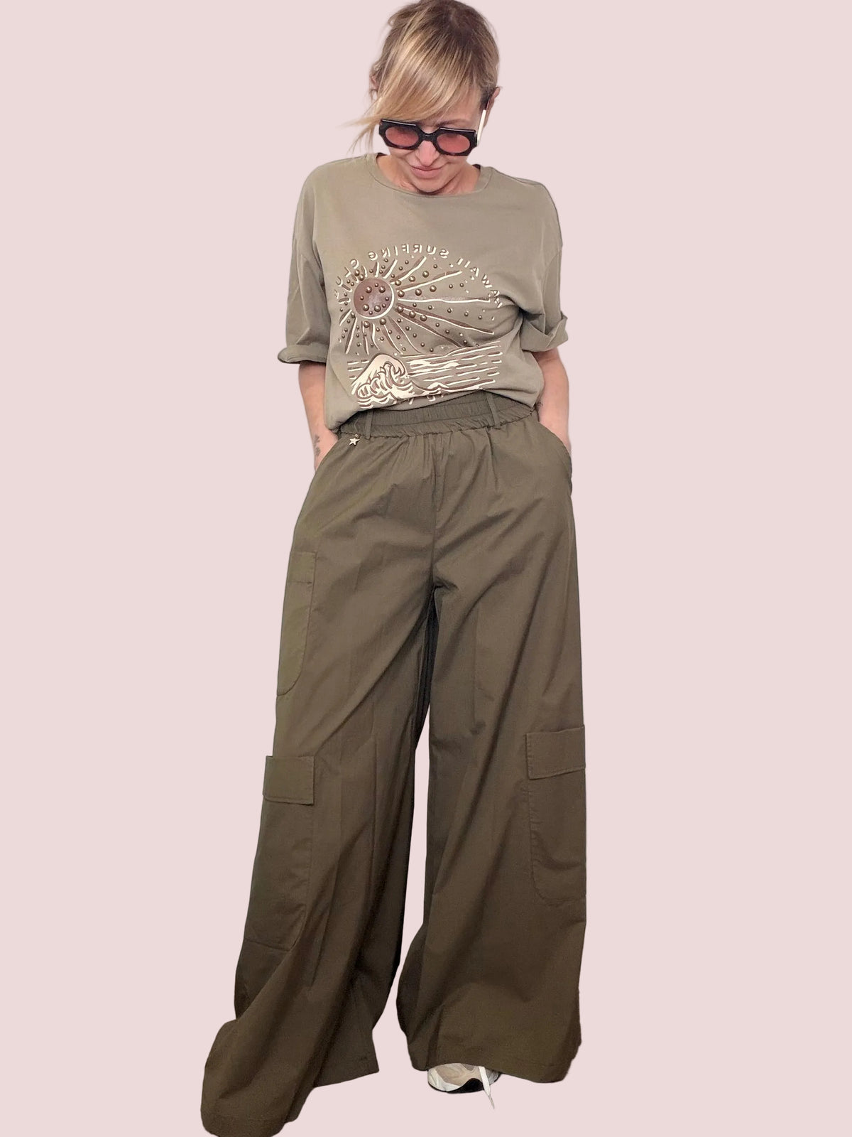 Pantalone cargo palazzo verde militare tasche laterali