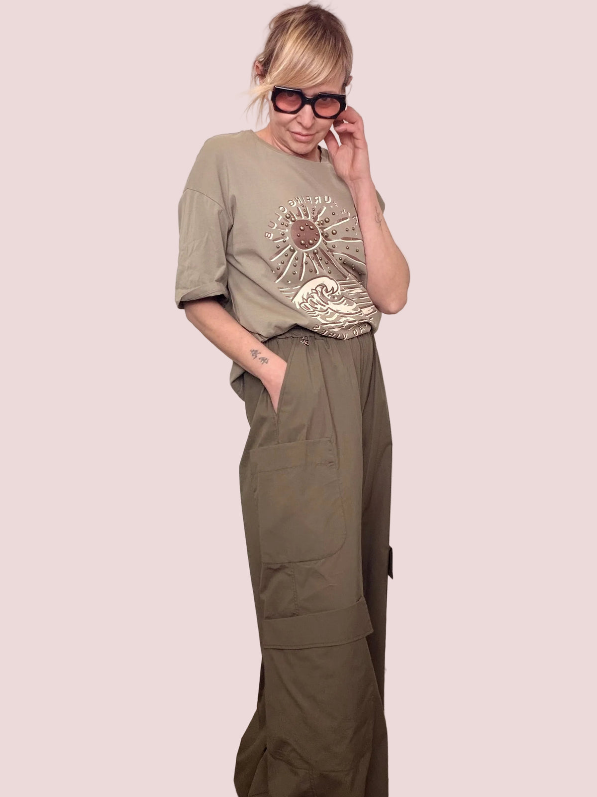 Pantalone cargo palazzo verde militare tasche laterali