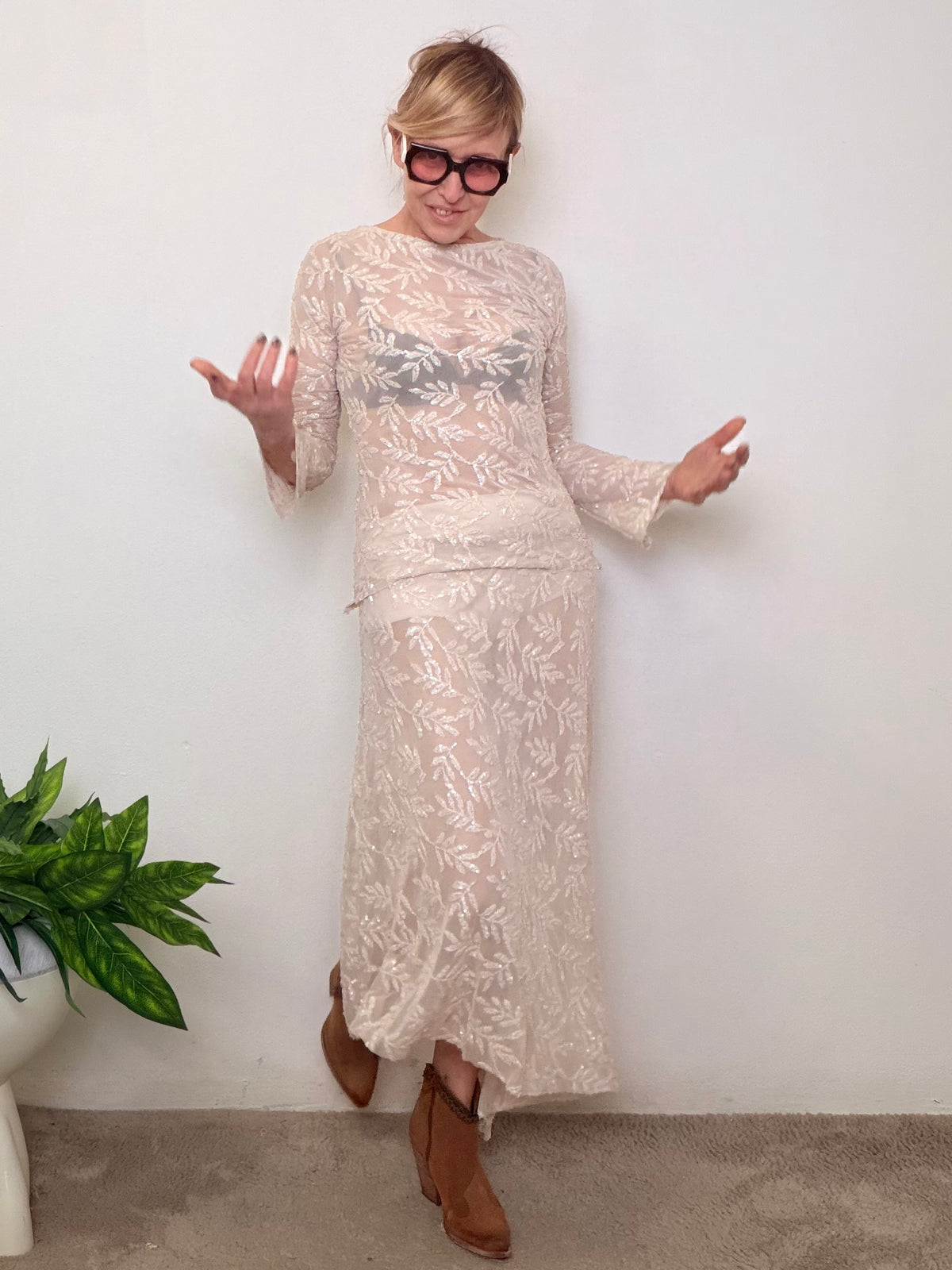 Gonna midi tulle ricami argentati paillettes