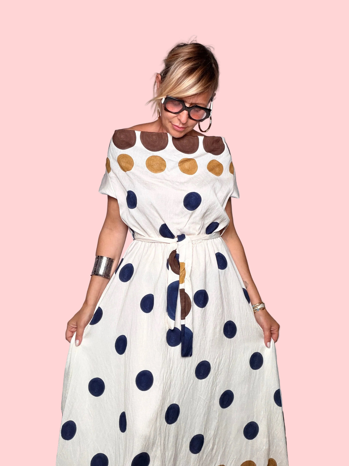 Abito Maxi a Pois Multicolor con Cintura (Copia)