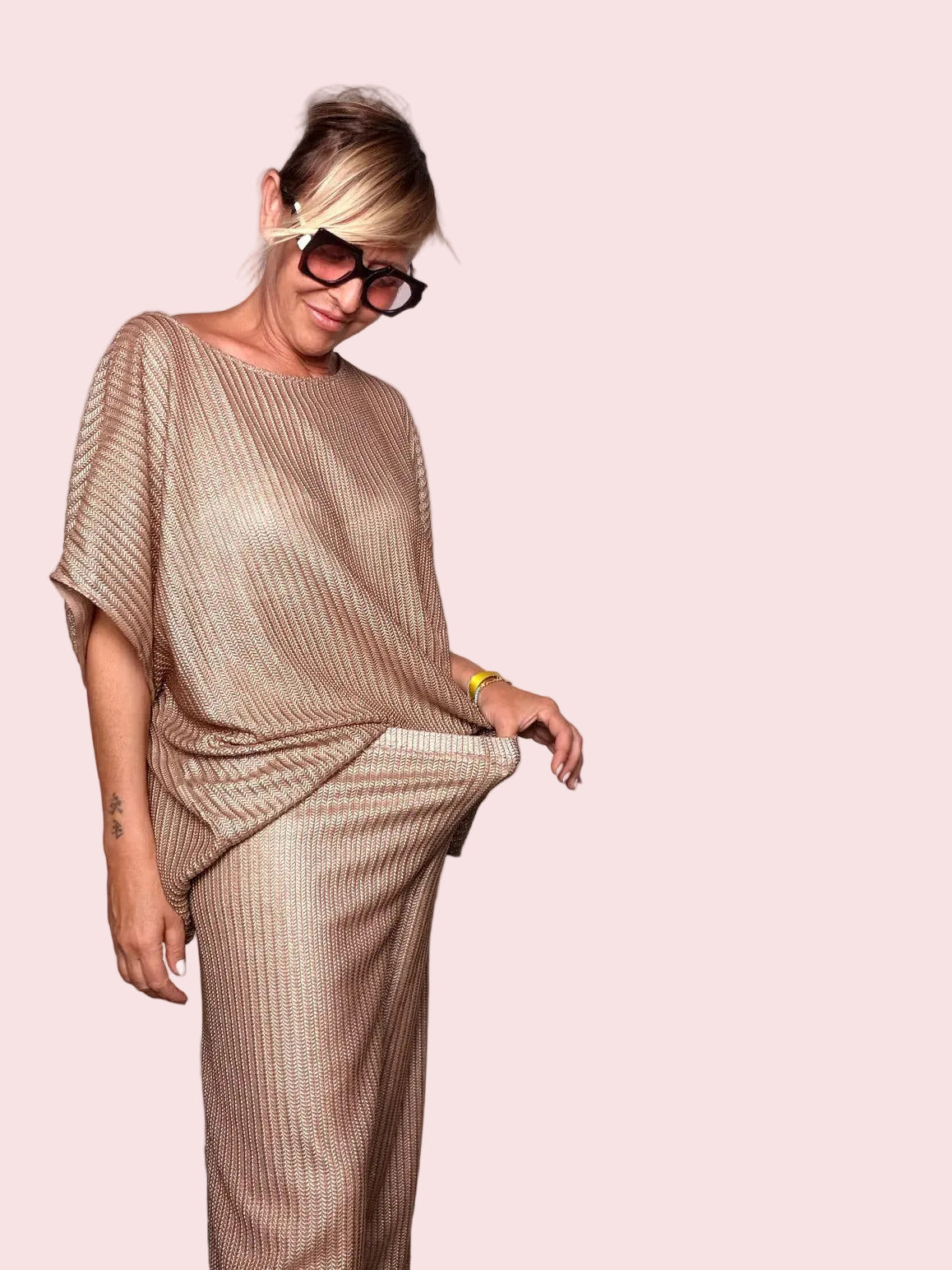 Pantalone Wide Leg in Maglia Lurex Oro Rosa