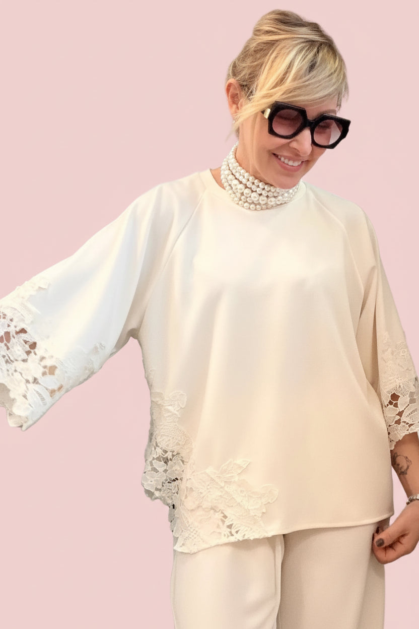 Felpa Beige Inserti Pizzo