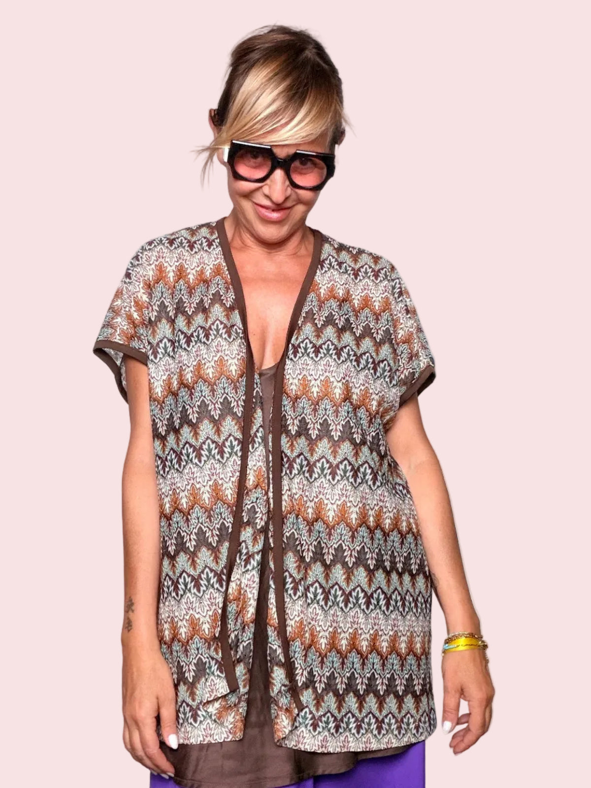 Gilet in Maglia Fantasia Geometrica — Marrone/Rame/Ecru