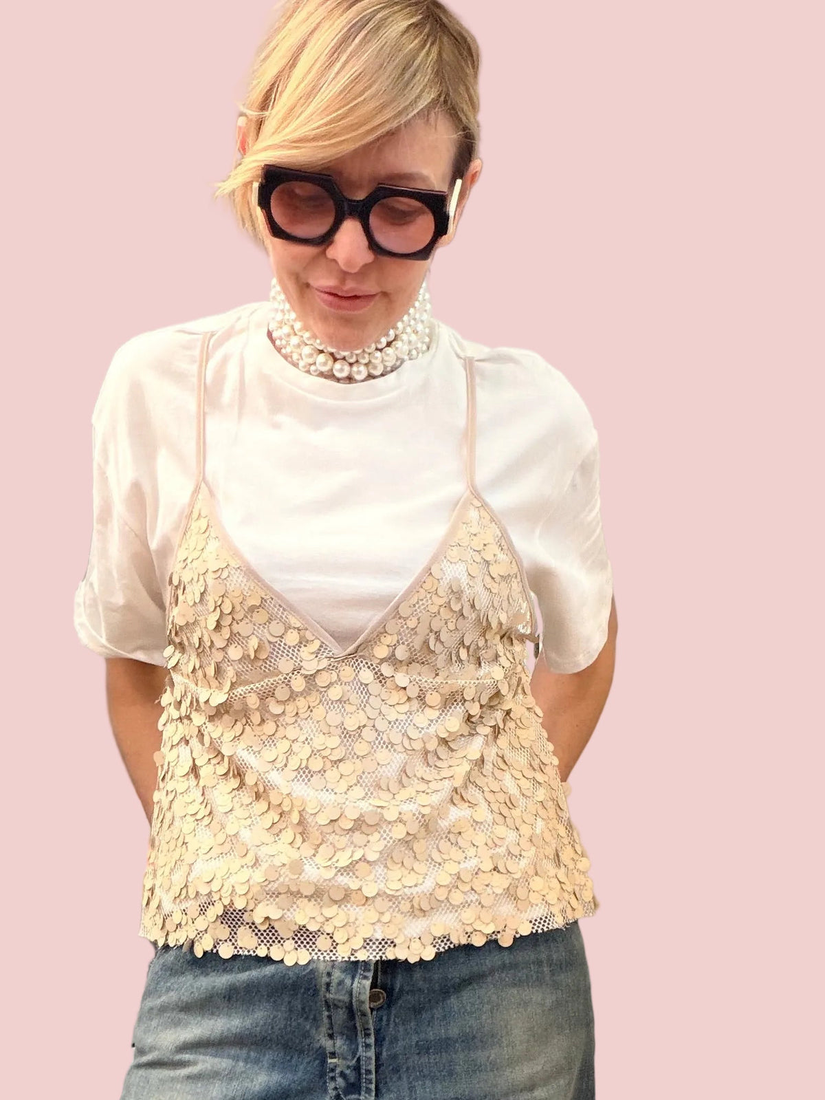 Set T-shirt Bianca con Top in Rete e Paillettes