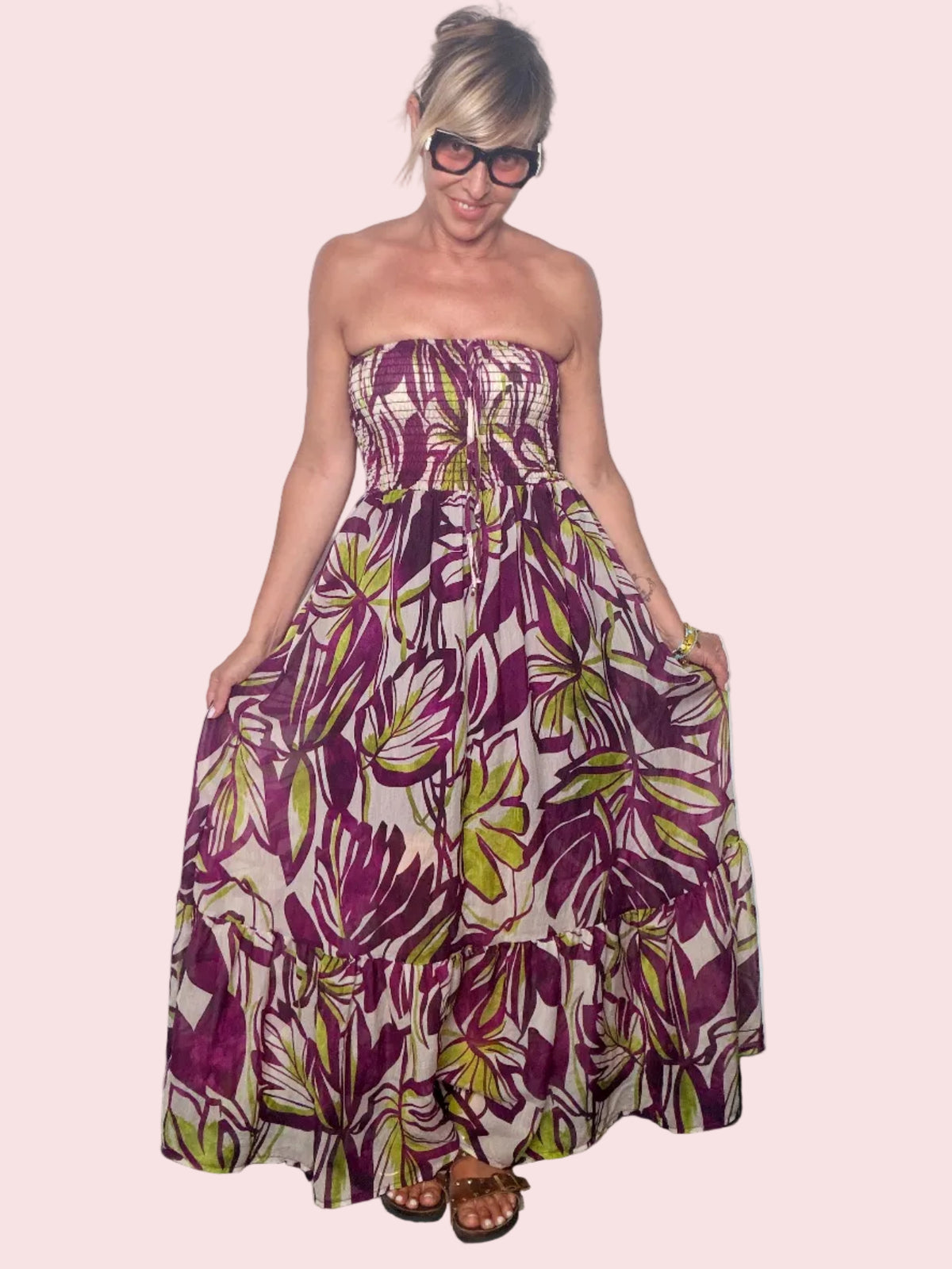 Abito Maxi a Fascia Smock — Stampa Arabesque Terracotta