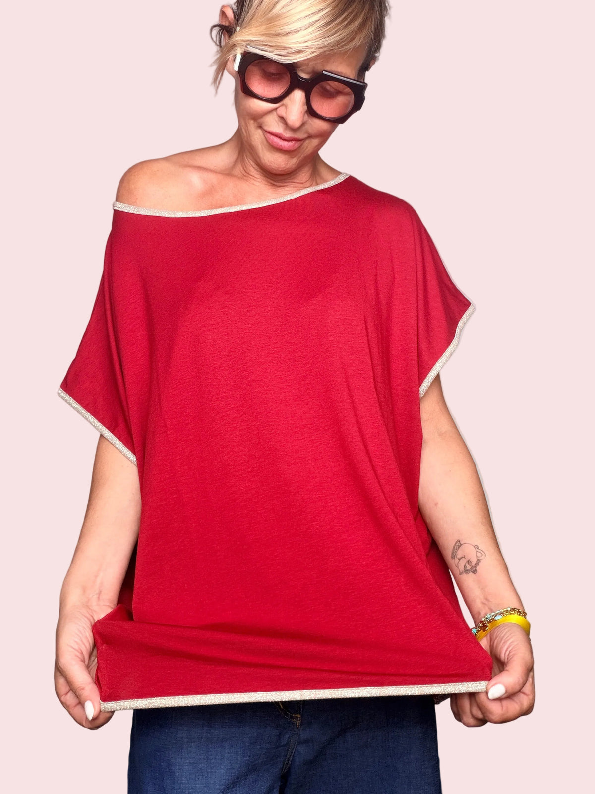 Top Oversize in Jersey con Bordi Lurex — Rosso / Tortora / Nero