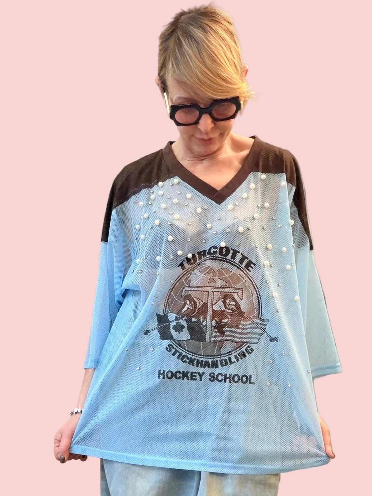 T-shirt Oversize in Rete con Stampa Hockey e Perle